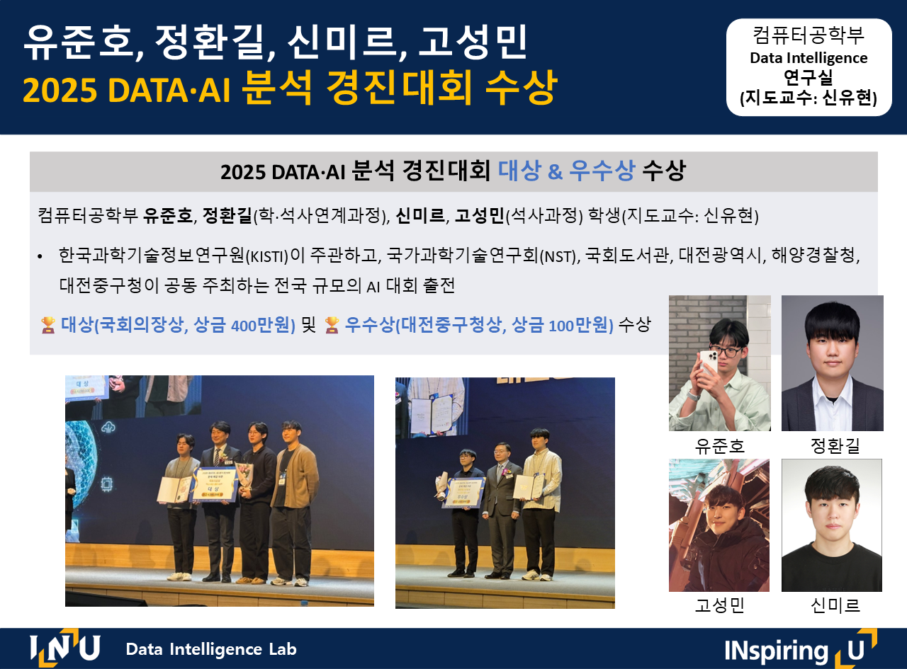 유준호, 정환길(학·석사연계과정), 신미르, 고성민(석사과정) KISTI 경진대회 대상(국회의장상, 상금 400만원) 및 우수상(대전중구청상, 상금 100만원) 수상 대표이미지